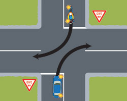 Two vehicles coming towards each other and turning right
