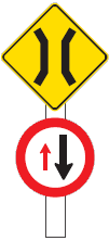 First warning sign to tell you that you have to give way to others on a one-lane bridge