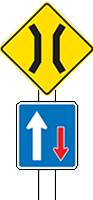 Warning sign to tell you that others should give way to you on a one-lane bridge