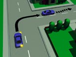 Picture of a car turning right on a road with a centre line