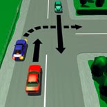 Picture of a car turning right from the left-hand side of a laned road