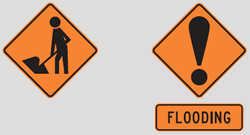 Road works and flooding sign